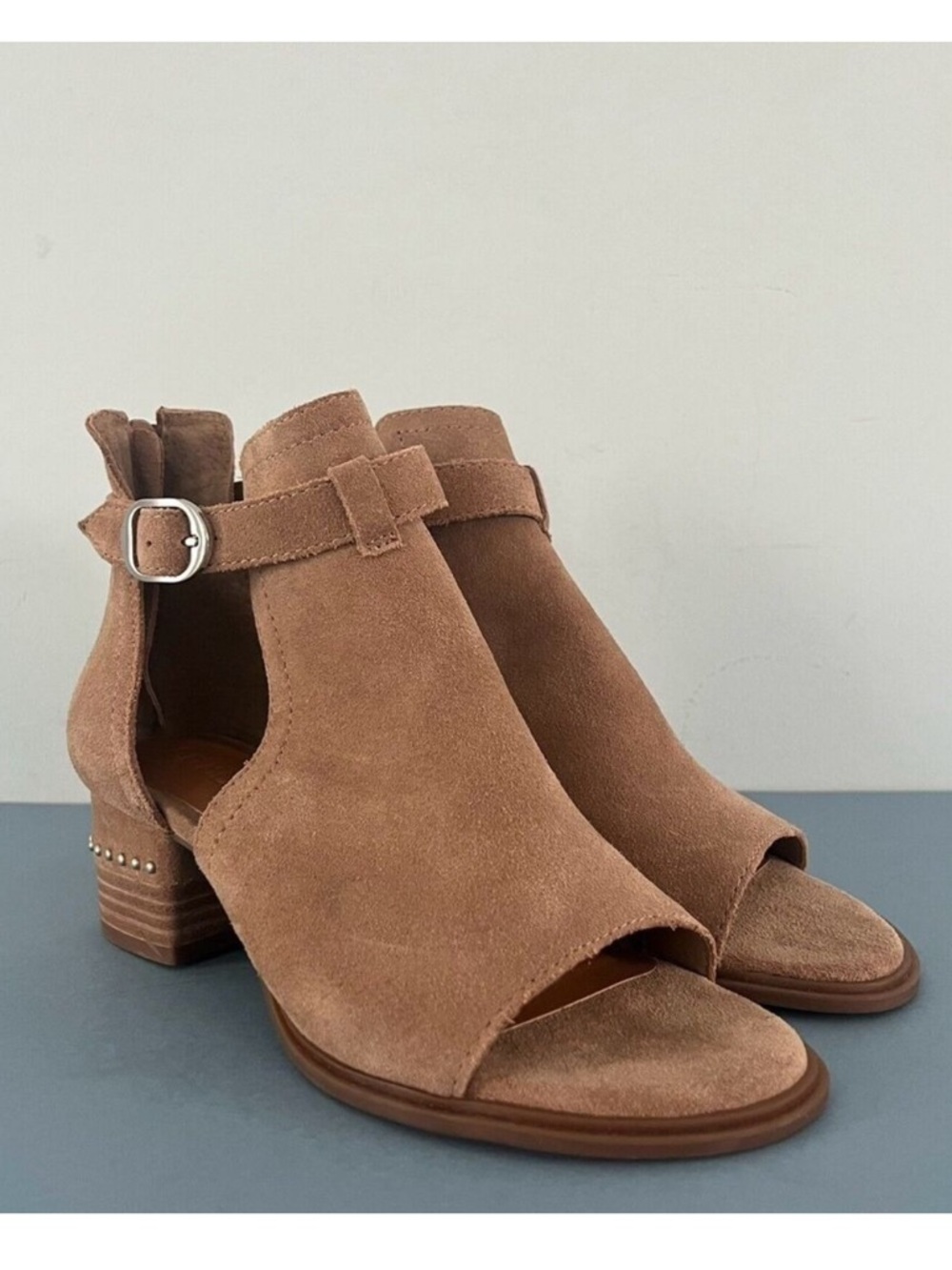Chelsea & Violet Hendricks Suede Tan Peep Toe Cut Out Heel Shooties Size 6.5